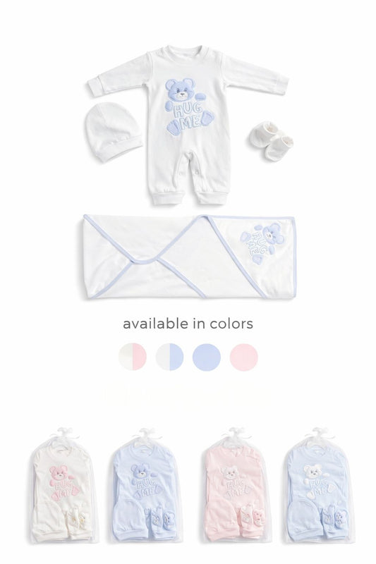 Hug Me Bear Baby Matching Set – 4 Piece Newborn Outfit (Blue)