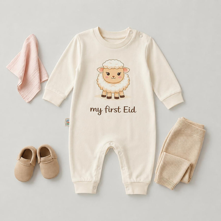 My First Eid Baby Romper – Long sleeves Sheep Designسالوبيت كم قطعة واحدة