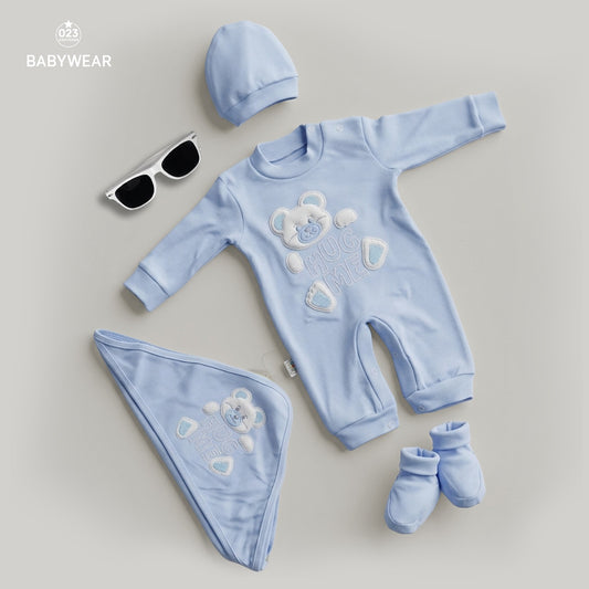 Hug Me Bear Baby Matching Set – 4 Piece Newborn Outfit (Blue)