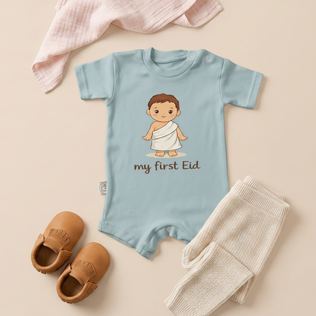 My First Eid (Ehram Boy) Baby Romper – 6 Color Options- سالوبيت نص كم قطعة واحدة