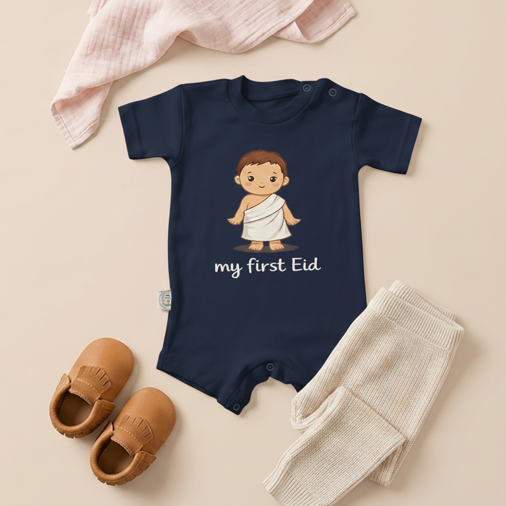My First Eid (Ehram Boy) Baby Romper – 6 Color Options- سالوبيت نص كم قطعة واحدة