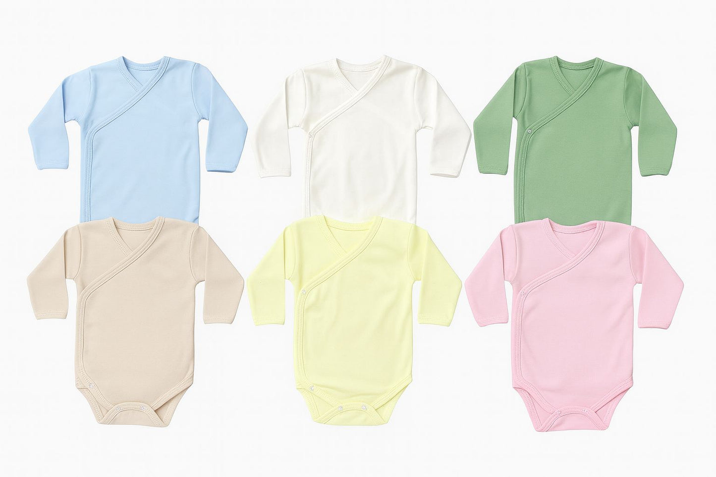 Premium Cotton Wrap-Over Baby Bodysuit – Long Sleeve (6 Colors) - Pack of 3