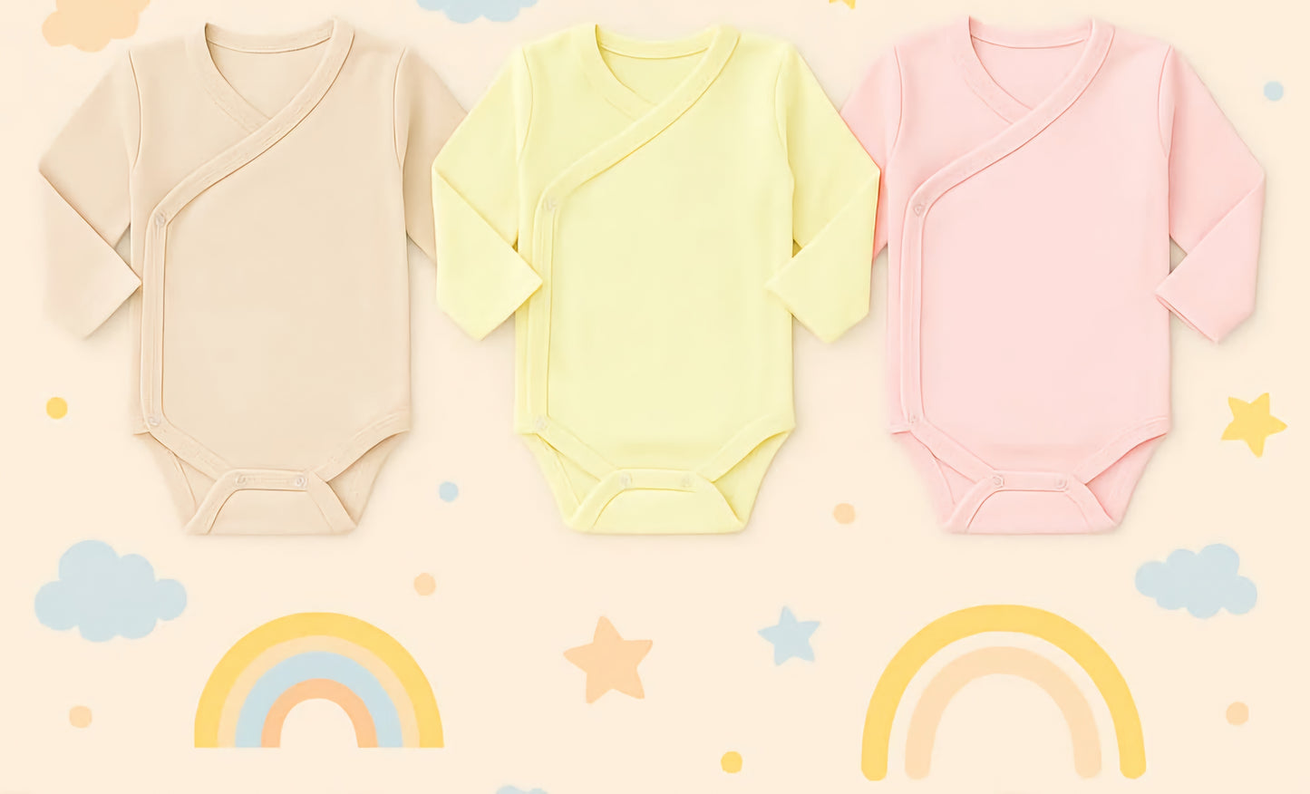 Premium Cotton Wrap-Over Baby Bodysuit – Long Sleeve (6 Colors) - Pack of 3