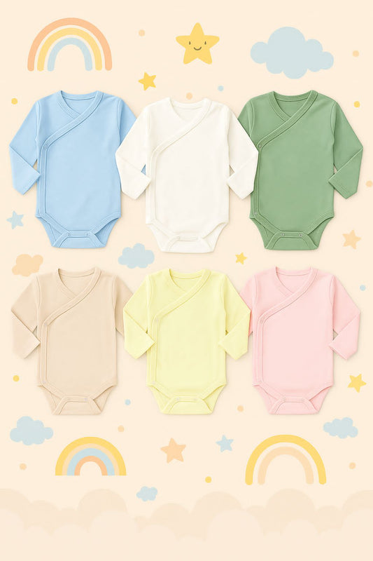 Premium Cotton Wrap-Over Baby Bodysuit – Long Sleeve (6 Colors) - Pack of 3